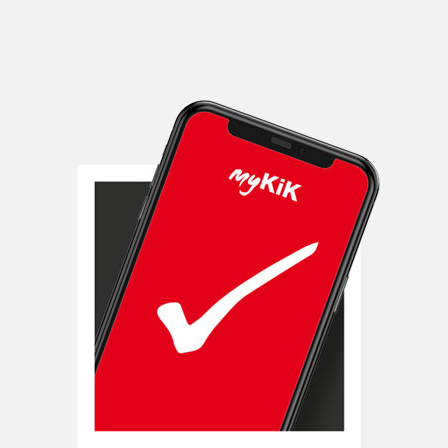 Smartfon z czerwonym ekranem blokady i czerwonym napisem „myKiK”. Smartfon z czerwonym ekranem blokady i czerwonym napisem „myKiK”.