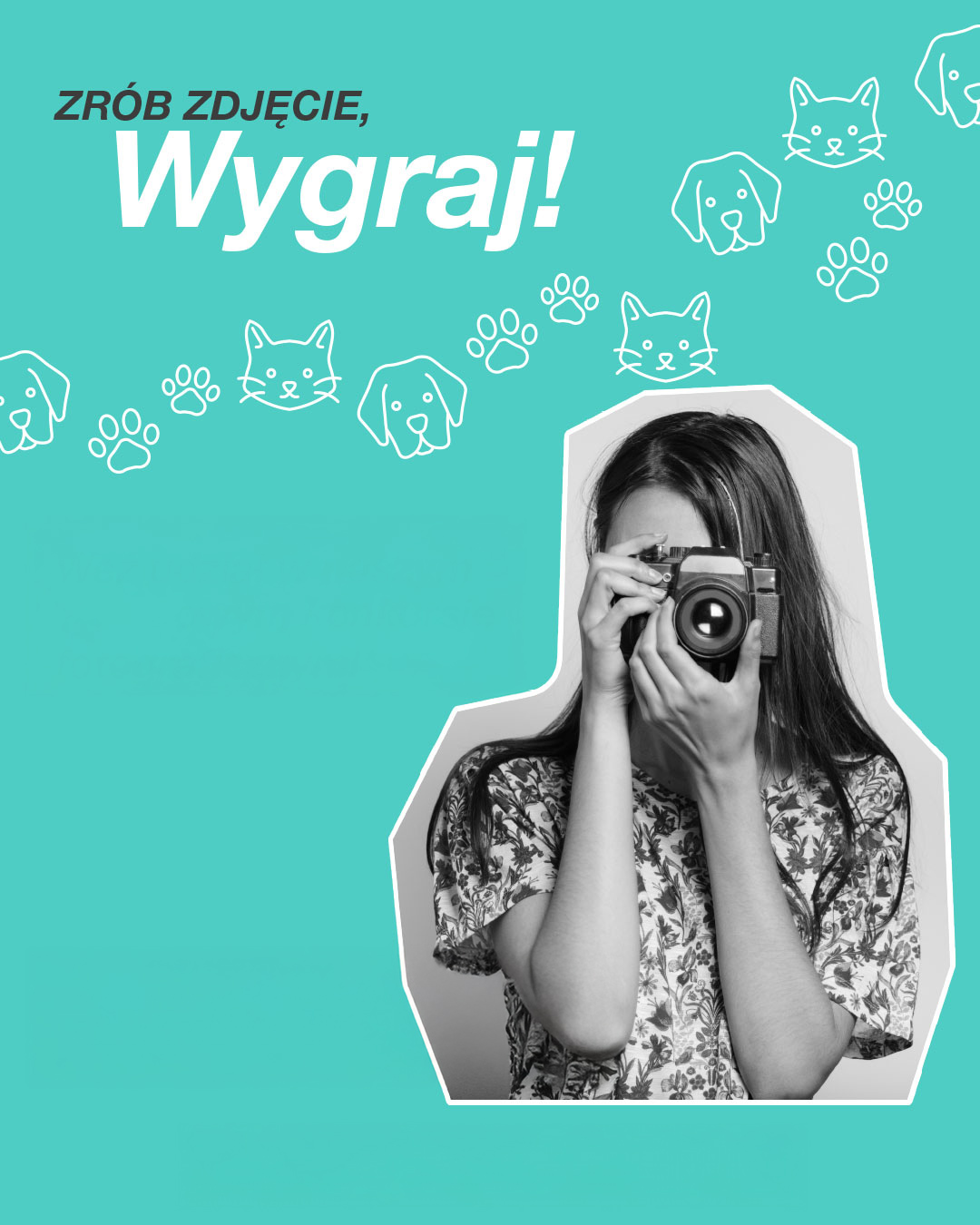 Osoba w kwiecistej koszuli zakrywa twarz, otoczona zabawnymi grafikami i tekstami nawiązującymi do zwierząt domowych, zachęcającymi do nadsyłania zdjęć.