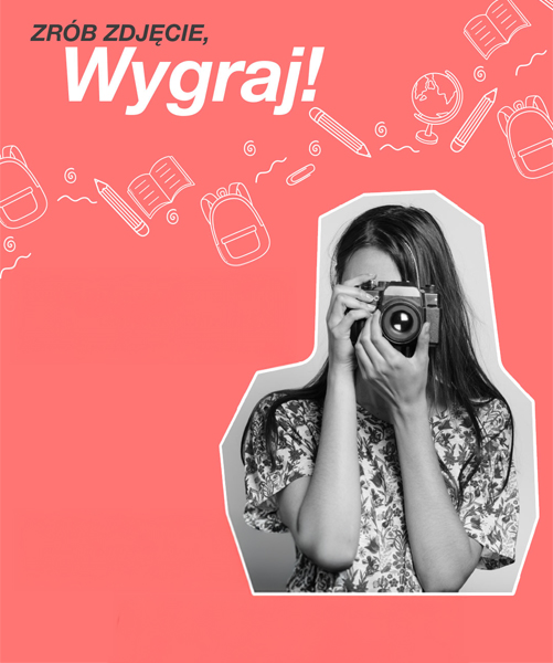 Obraz promocyjny konkursu fotograficznego przedstawiający osobę trzymającą aparat, otoczoną grafiką serca i tekstem zapraszającym do udziału.